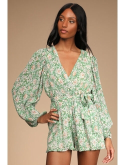 Dancing Blossoms Green Floral Print Plisse Pleated Long Sleeve Romper