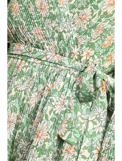 Lulus Dancing Blossoms Green Floral Print Plisse Pleated Long Sleeve Romper