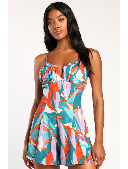 Sage the Label Pacific Views Teal Multi Tropical Print Bustier Romper