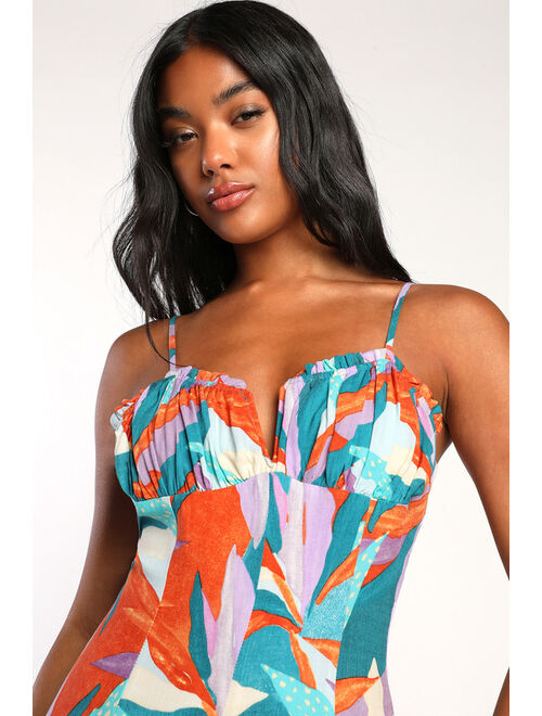 Sage the Label Pacific Views Teal Multi Tropical Print Bustier Romper