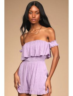 Be a Sweetie Lilac Swiss Dot Off-the-Shoulder Romper