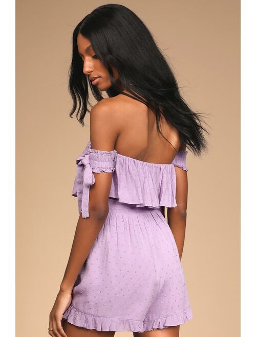 Lulus Be a Sweetie Lilac Swiss Dot Off-the-Shoulder Romper