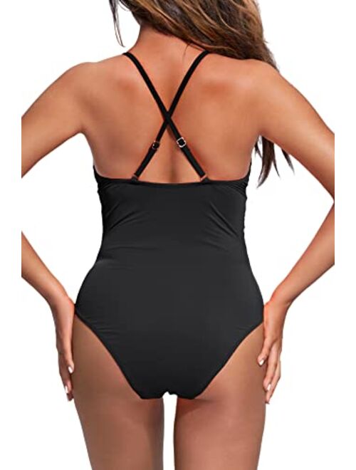 Beautikini One Piece Women's Swimsuit V Neck High Cut Swimwear Tummy Control Ruched Slimming Bathing Suit