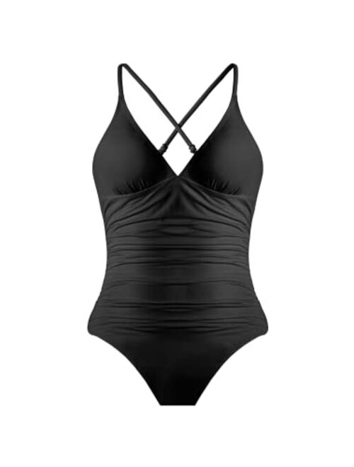 Beautikini One Piece Women's Swimsuit V Neck High Cut Swimwear Tummy Control Ruched Slimming Bathing Suit