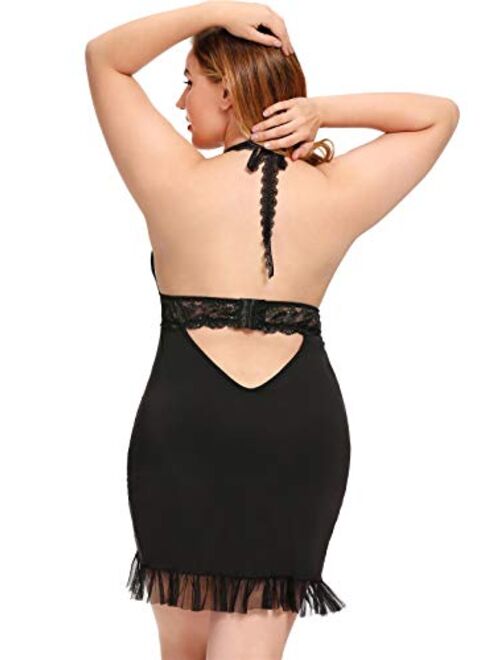 Eppido Women's Sexy Plus Size Lingerie Halter Cross straps Babydoll Lace Trim Chemise Sleepwear