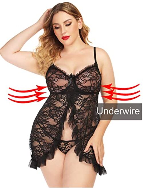 ADOME Women Babydoll Lingerie With Underwire Lace Chemise Sleepwear Bridal Lingerie Dress