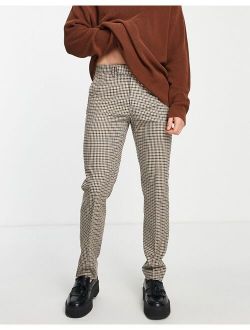 slim smart pants with micro plaid in brown