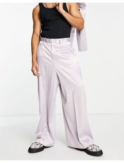 extreme wide leg suit pants in lilac satin