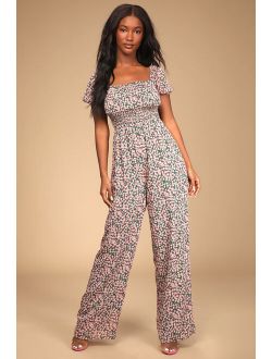Suited for Sunshine Green and Pink Floral Print Jumpsuit