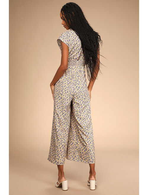 Lulus Blooming In Mind Yellow Floral Print Wide-Leg Jumpsuit