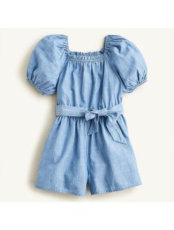 Girls' puff-sleeve romper in chambray
