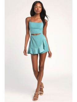 Cutout All Night Teal Blue Satin Cutout Sleeveless Skort Romper