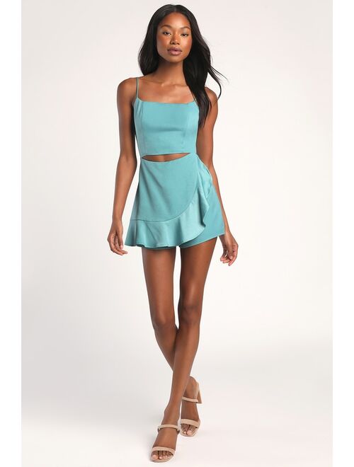 Lulus Cutout All Night Teal Blue Satin Cutout Sleeveless Skort Romper