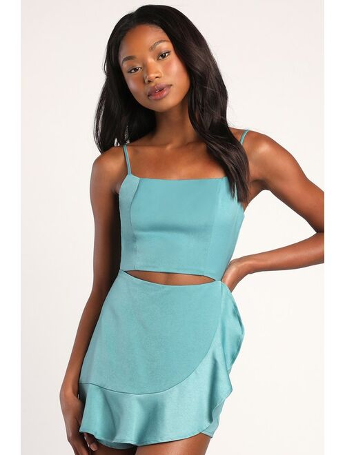Lulus Cutout All Night Teal Blue Satin Cutout Sleeveless Skort Romper