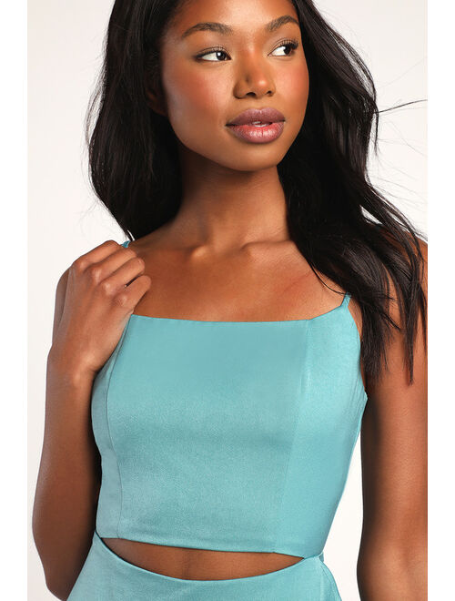 Lulus Cutout All Night Teal Blue Satin Cutout Sleeveless Skort Romper