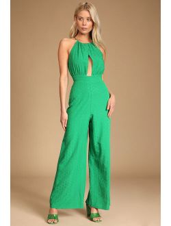 Style That Wows Green Floral Jacquard Wide-Leg Jumpsuit
