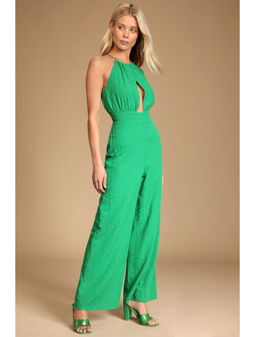Lulus Style That Wows Green Floral Jacquard Wide-Leg Jumpsuit