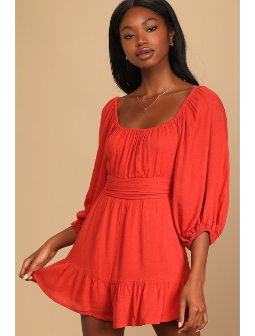 Lulus Sky's the Limit Rust Red Puff Sleeve Tie-Back Romper