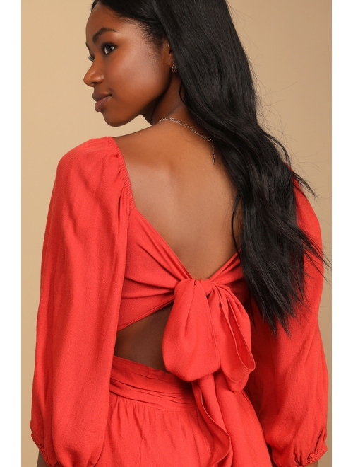 Lulus Sky's the Limit Rust Red Puff Sleeve Tie-Back Romper