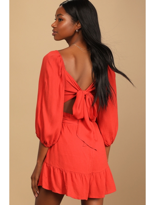 Lulus Sky's the Limit Rust Red Puff Sleeve Tie-Back Romper