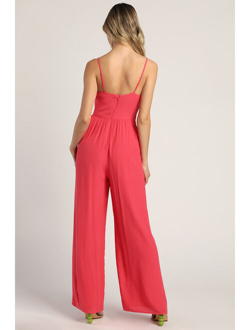 Lulus Stand-Out Status Coral Pink Sleeveless Wide-Leg Jumpsuit