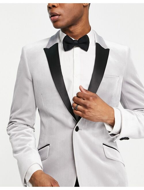 ASOS DESIGN super skinny velvet blazer with contrast lapel in silver