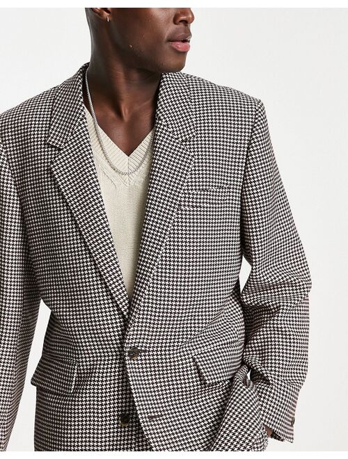 ASOS DESIGN skinny suit jacket with power shoulder in brown dogstooth