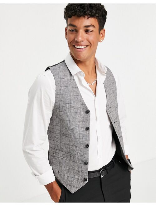 ASOS DESIGN super skinny vest with prince of wales plaid in navy linen mix
