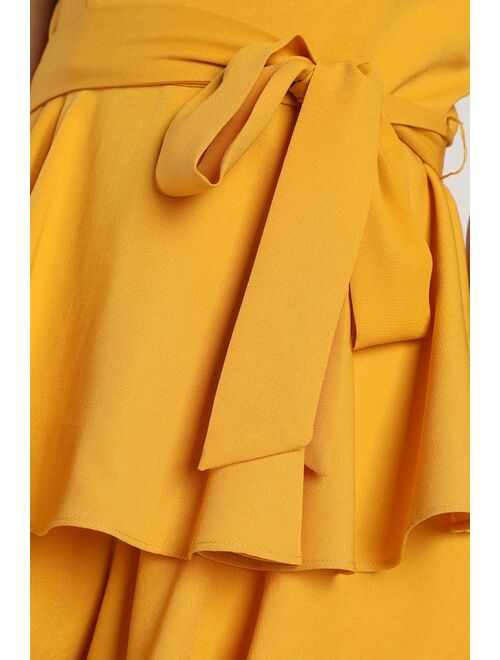 Lulus Glamorous Gal Mustard Yellow Ruffled Sleeveless Romper
