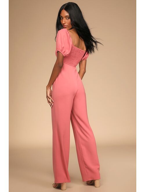 Lulus Room for Love Rusty Rose Puff Sleeve Cutout Jumpsuit