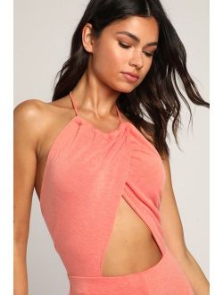 Living Luxe Coral Pink Knit Halter Cutout Wide-Leg Jumpsuit