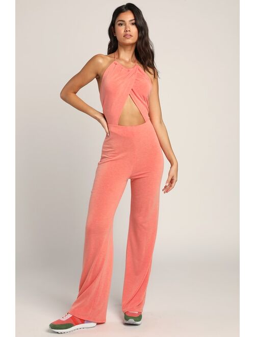 Lulus Living Luxe Coral Pink Knit Halter Cutout Wide-Leg Jumpsuit