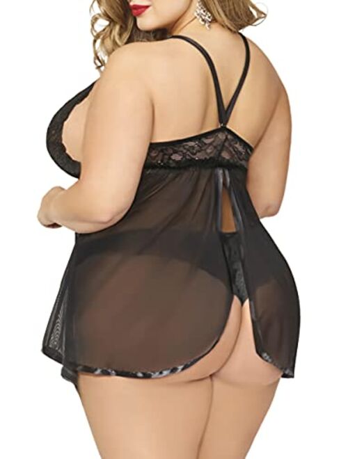 JuicyRose Women's Plus Size Lingerie Sets, Sexy Open Back Babydoll Strappy Lace Chemise