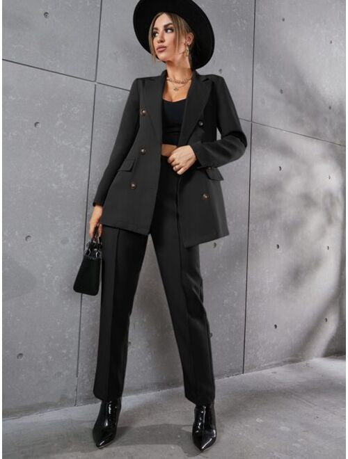 Shein Lapel Neck Double Breasted Blazer Tailored Pants