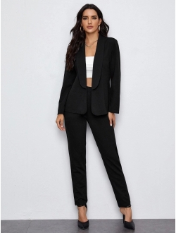 Women's Open Front Solid Blazer Two Piece Slant Pocket Pants Set Outfits