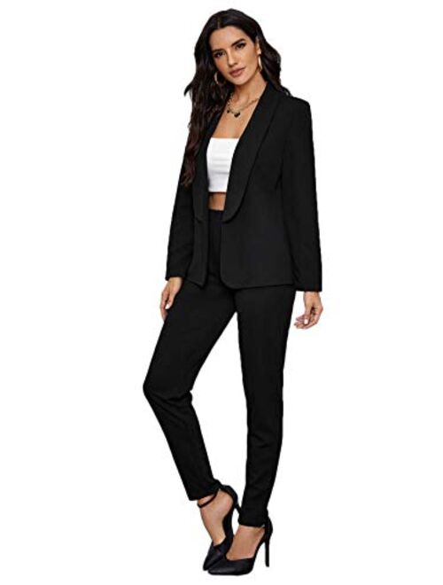 SheIn Women's Open Front Solid Blazer Two Piece Slant Pocket Pants Set Outfits