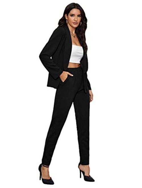 SheIn Women's Open Front Solid Blazer Two Piece Slant Pocket Pants Set Outfits