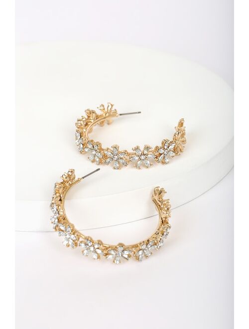 Lulus Florals Forever Gold Rhinestone Hoop Earrings
