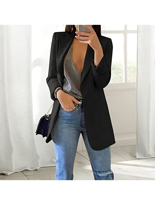 Iaahtye Womens Casual Blazers Open Front Long Sleeve Blazer Collared Slim Work Office Pockets Jackets