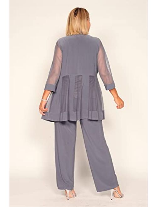 R&M Richards Long Mother of The Bride Formal Pant Suit| Jacket with Shear, 3/4 Length Sleeves, Elegant Slacks