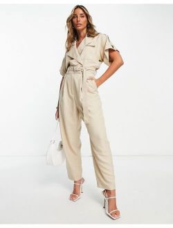 short sleeve tux belted jumpsuit in stone
