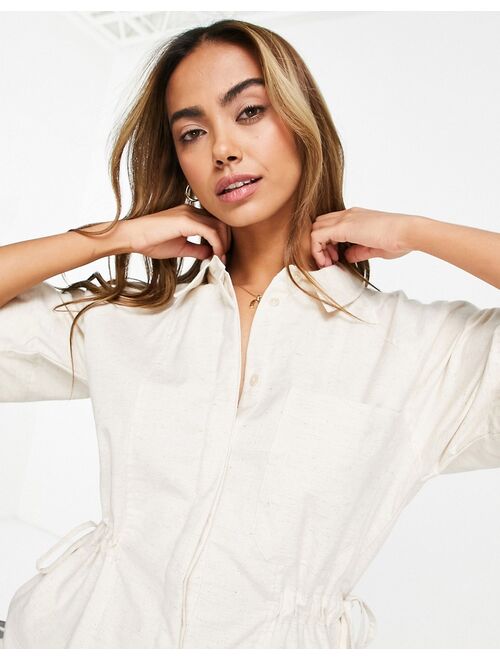 ASOS DESIGN short sleeve tie waist romper in stone