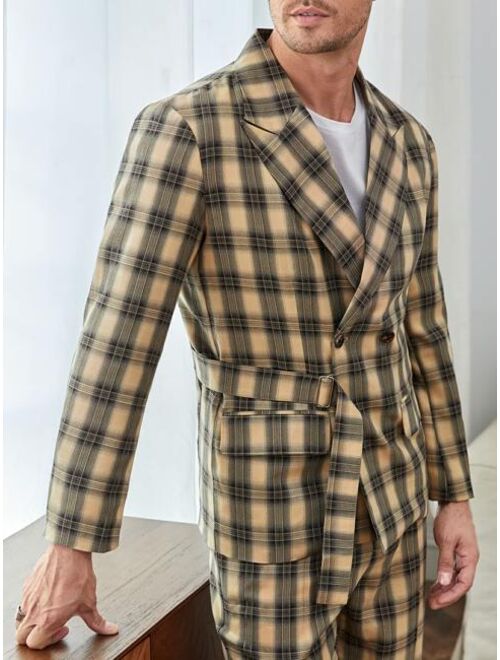Shein Men Plaid Buckle Detail Double Breasted Blazer & Suit Pants