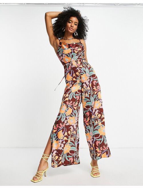 River Island floral cowl jumpsuit in brown