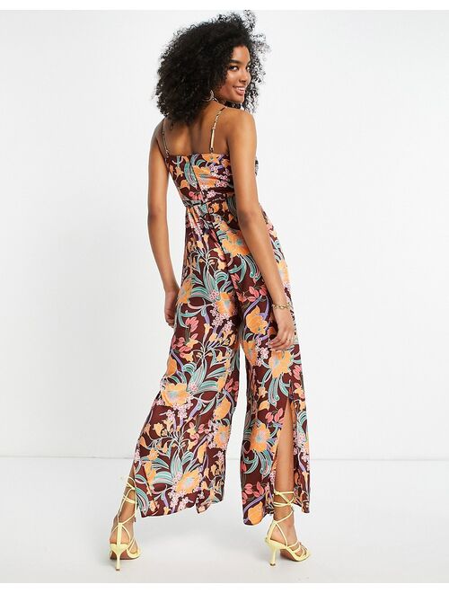 River Island floral cowl jumpsuit in brown