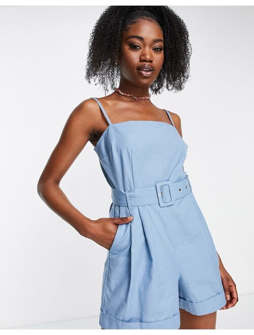 ASOS DESIGN self fabric buckle cami romper in blue