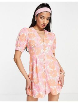Glamorous puff sleeve romper in 60s retro floral