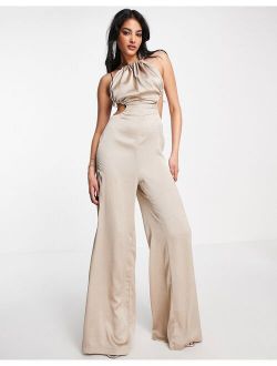 satin ruched neck cut out jumpsuit in taupe