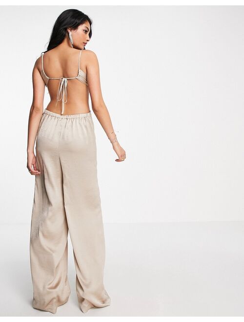 ASOS DESIGN satin ruched neck cut out jumpsuit in taupe