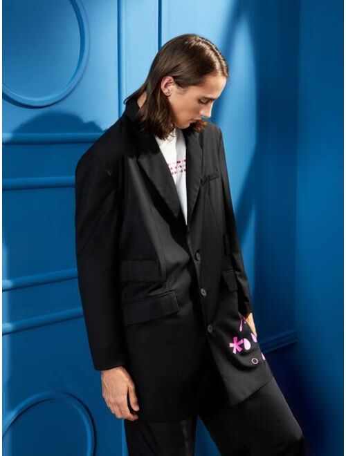 SHEIN X Unsuitable Men Drop Shoulder Lapel Collar Graphic Pattern Blazer